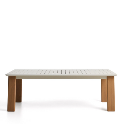 LIVORNO extendable table in ecru aluminium with wood-effect legs 233(350) x 100cm