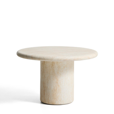 DRASI round concrete table with travertine-effect finish Ø122cm