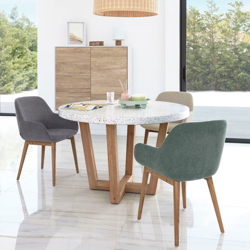 SHANELLE Round table made of white terrazzo and solid acacia wood Ø 120 cm