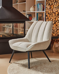 MARLINA White bouclé armchair with steel legs with black painted finish