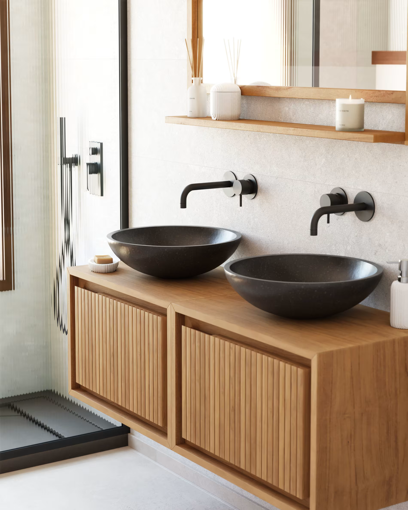 DELINA Round countertop washbasin in black terrazzo Ø 40 cm