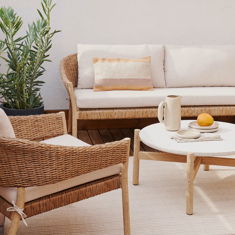 POLA Stackable set, 2 seater sofa & 2 armchairs in solid eucalyptus and faux-rattan, FSC