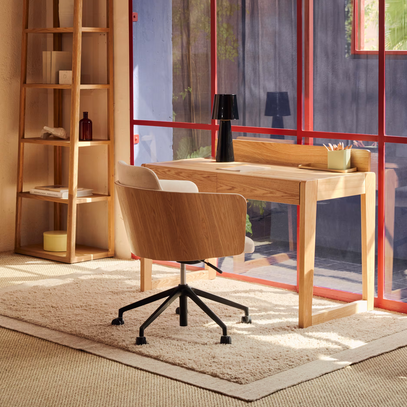 MADAI Desk chair in beige chenille and ash veneer with natural finish