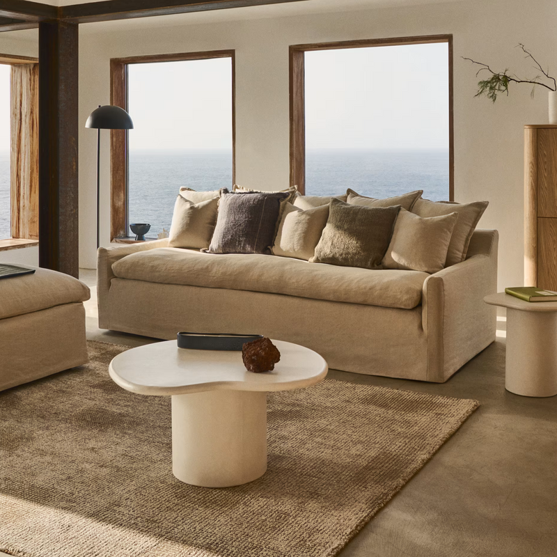 ZENIRA Sofa with removable cover and beige cotton and linen cushions, 230 cm
