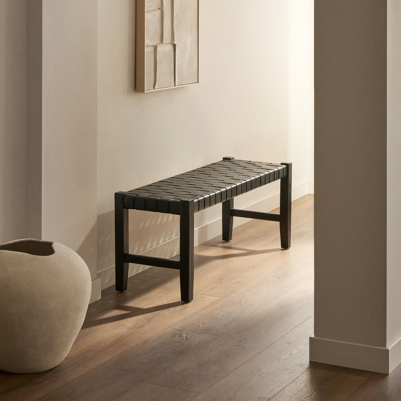 CALIXTA klupa od kože i punog mahagonija s crnom završnom obradom 120 cm