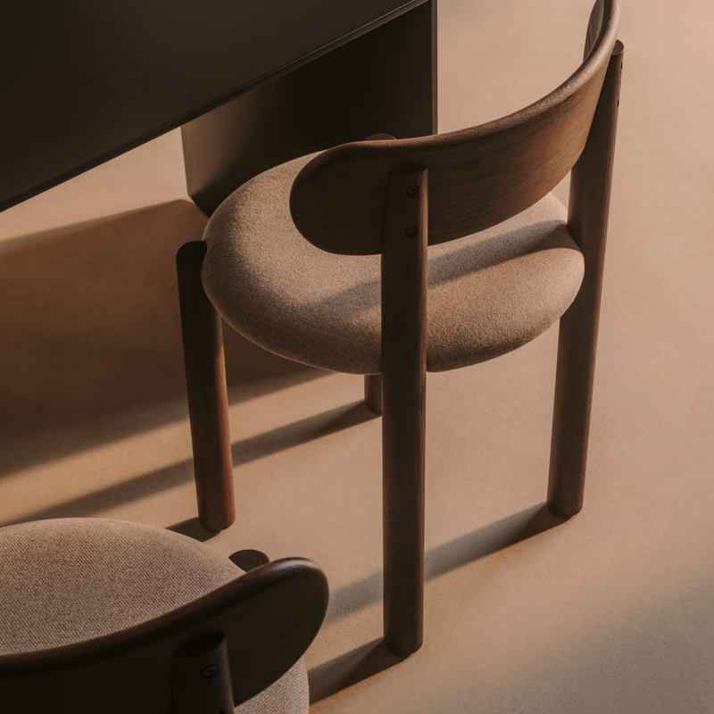 NEBAI chair in brown chenille with a solid oak wood structure and walnut finish