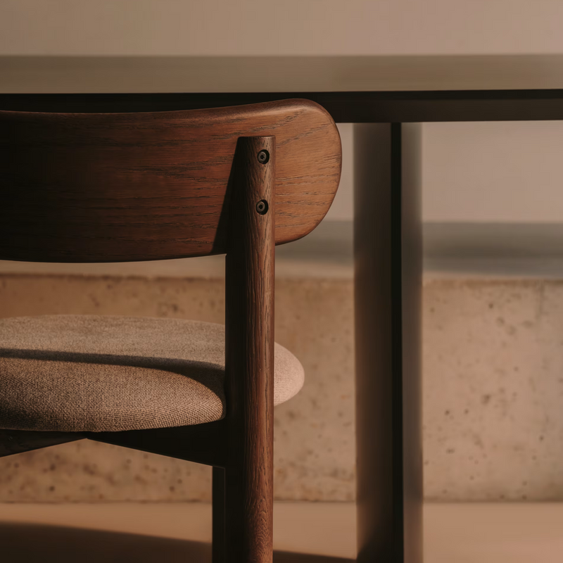 NEBAI chair in brown chenille with a solid oak wood structure and walnut finish