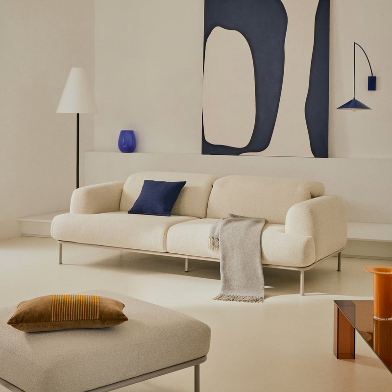 AURUM 3-seater ecru sofa with reclining headrest and a matt grey metal base, 240 cm