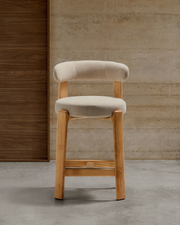 GRANITE Stool made of beige chenille and solid ash wood