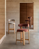 GRANITE Stool made of beige chenille and solid ash wood