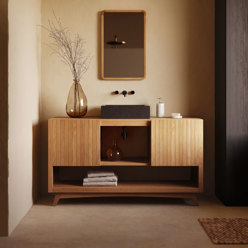 KUVENI Bathroom furniture in solid teak wood with a natural finish, 140 x 50 cm