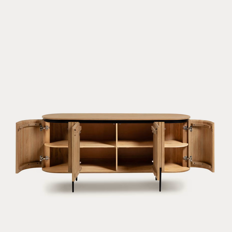 LICIA Komoda od punog drva manga s 4 vrata i metalom u crnoj boji, 170 x 80 cm