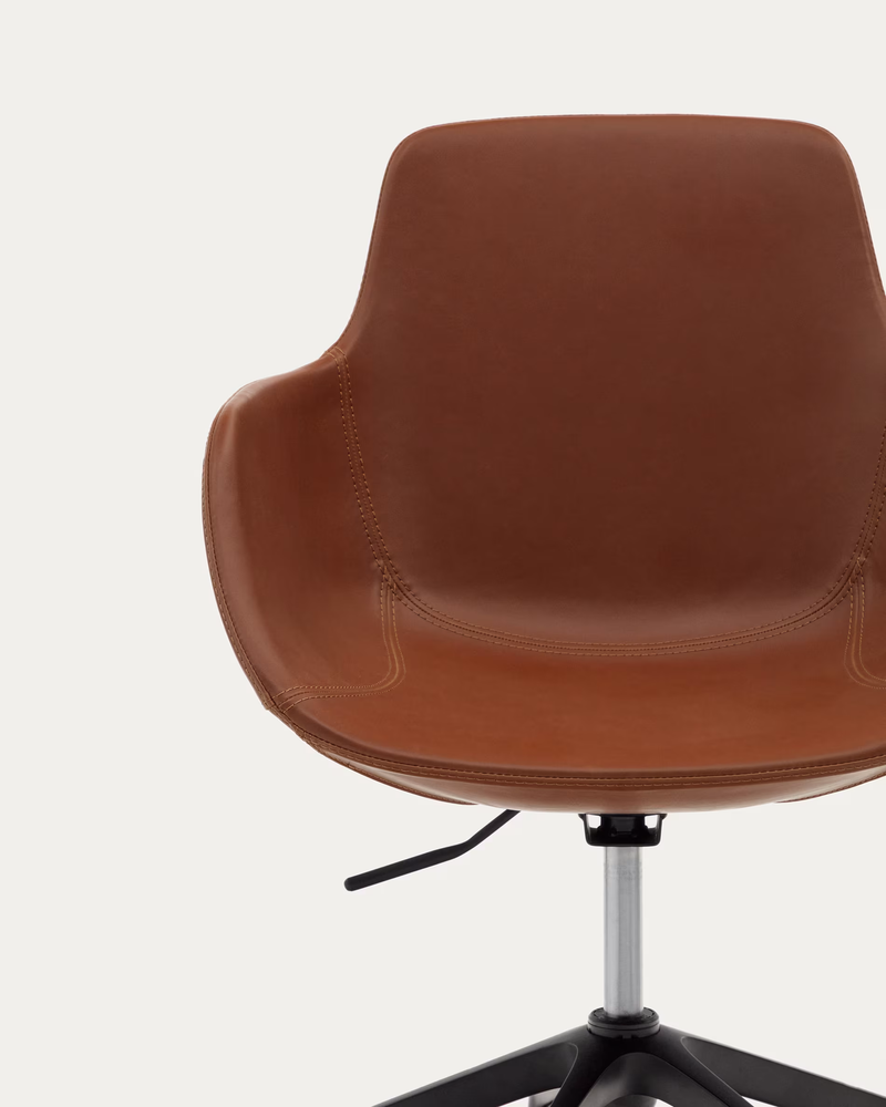 TISSIANA Desk chair in brown faux leather and aluminium with matte black finish