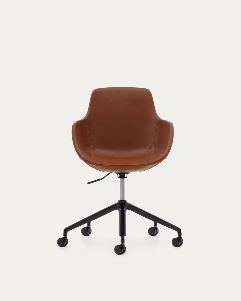 TISSIANA Desk chair in brown faux leather and aluminium with matte black finish