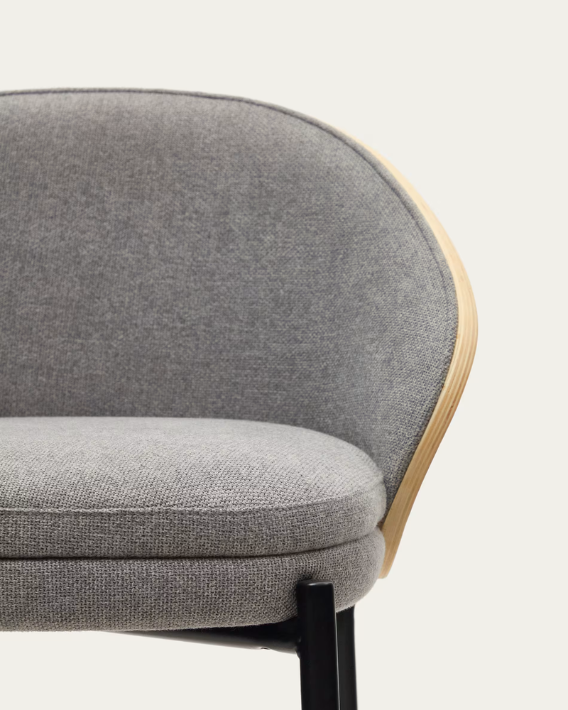 EAMY Light grey stool in an ash wood veneer with a natural finish and black metal, 65 cm