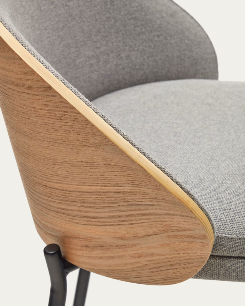 EAMY Light grey stool in an ash wood veneer with a natural finish and black metal, 65 cm