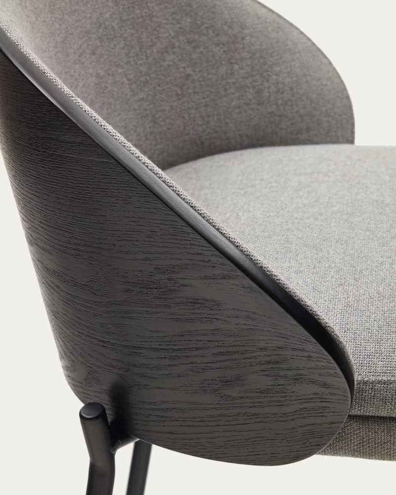 EAMY Light grey stool in an ash wood veneer with a black finish and black metal, 65 cm