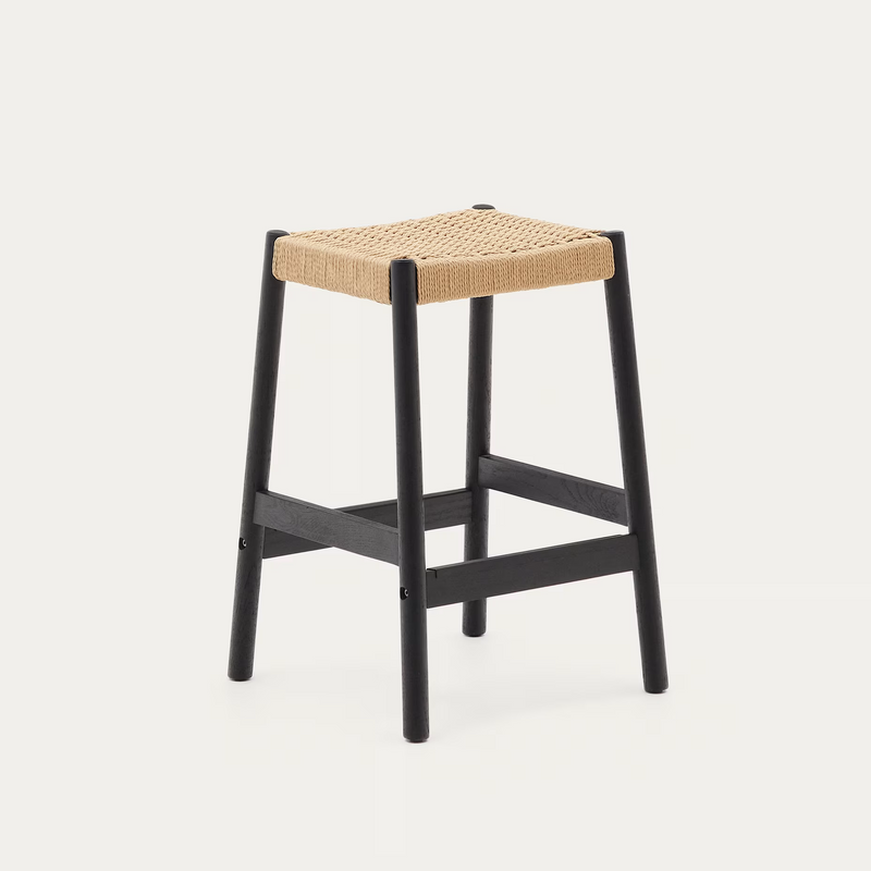 YALIA stool in solid oak wood in a black finish and rope cord