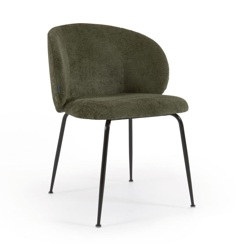 MINNA chenille chair in green with steel legs in a black finish