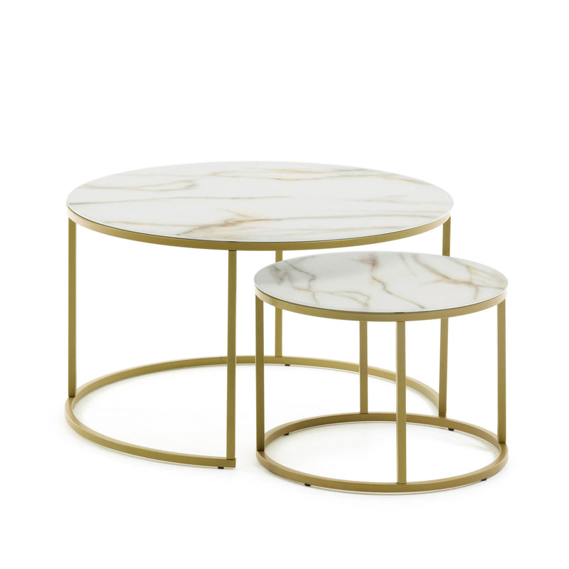 LEONOR Set of 2 glass side tables in white and golden steel structure