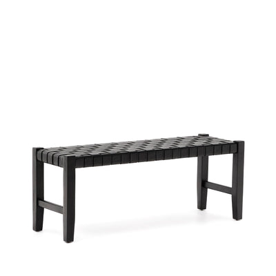 CALIXTA bench in leather and solid mahogany wood with black finish 120 cm