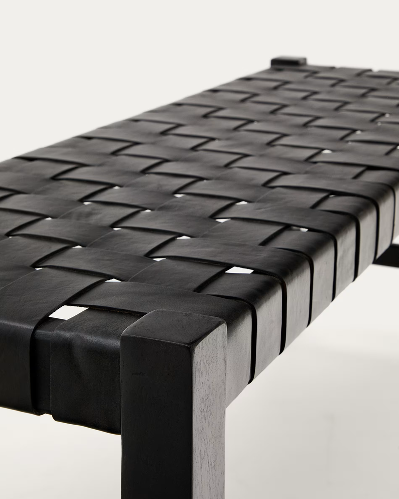 CALIXTA klupa od kože i punog mahagonija s crnom završnom obradom 120 cm