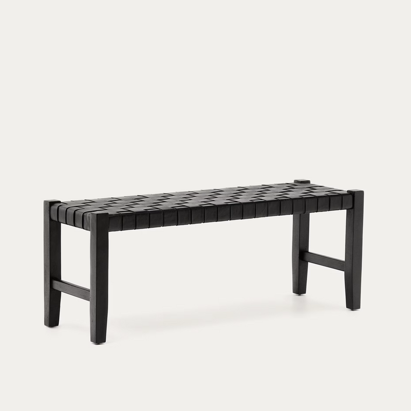 CALIXTA klupa od kože i punog mahagonija s crnom završnom obradom 120 cm