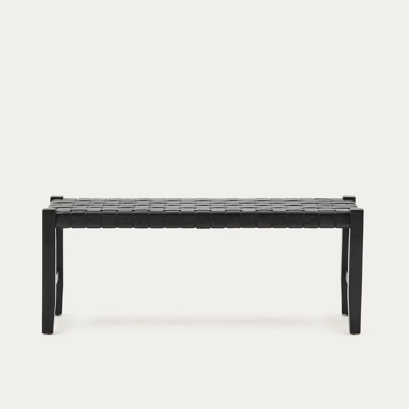 CALIXTA klupa od kože i punog mahagonija s crnom završnom obradom 120 cm