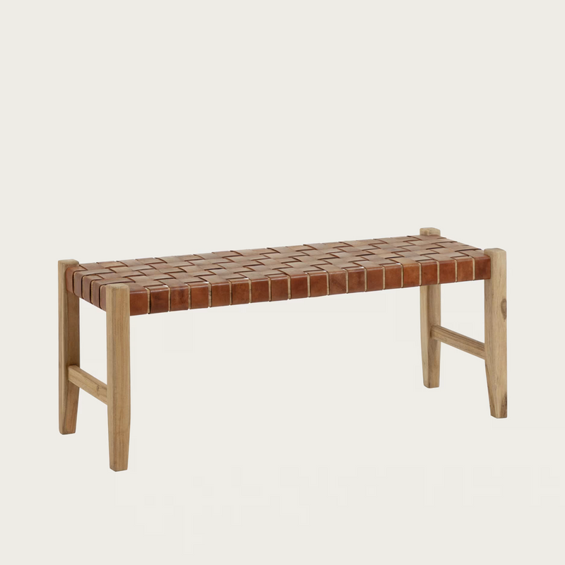 CALIXTA klupa od kože i punog mahagonija s crnom završnom obradom 120 cm