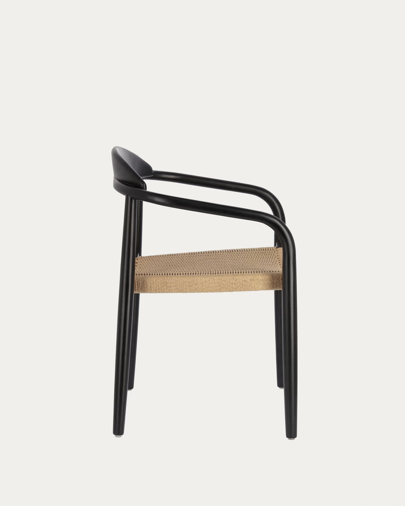 NINA stackable chair in solid acacia wood with black finish and beige paper rope seat