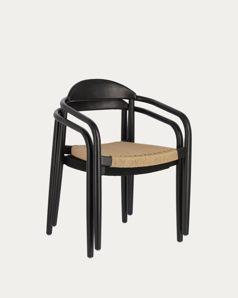 NINA stackable chair in solid acacia wood with black finish and beige paper rope seat