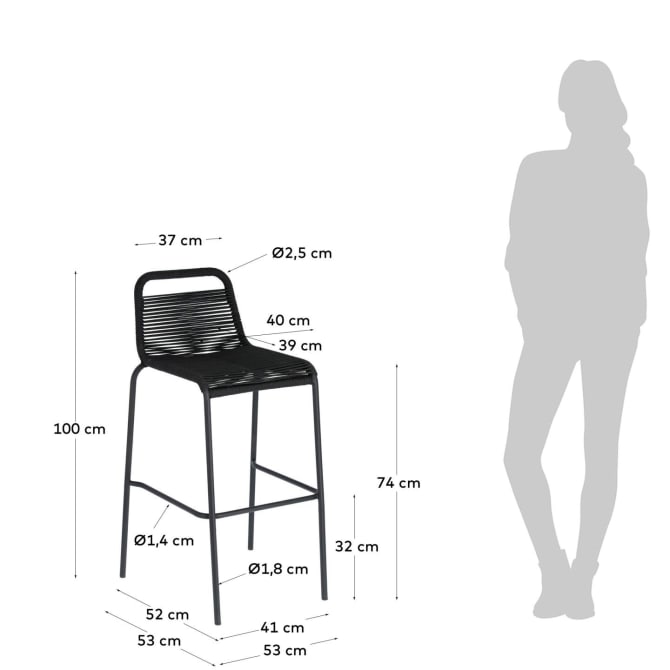 LAMBTON Stackable stool in black rope and black finish steel, 74 cm