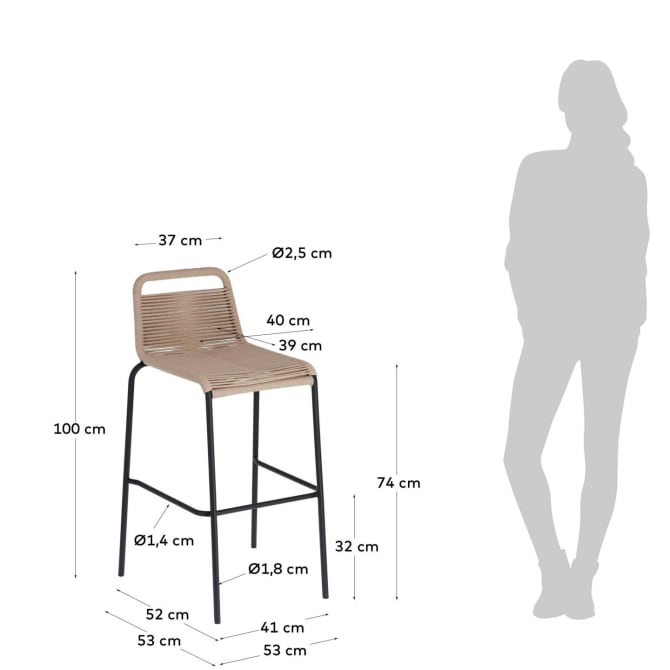 LAMBTON Stackable stool in brown rope and black finish steel, 74 cm