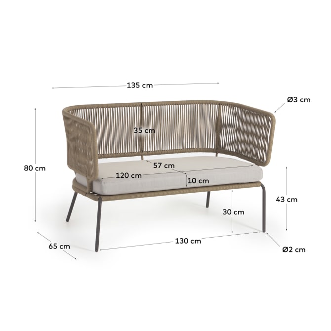 NADIN 2 seater sofa in beige cord with galvanised steel legs, 135 cm