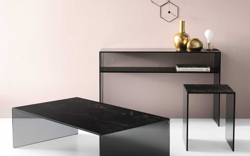 BRIDGE Console table with rectangular ceramic top and glass base