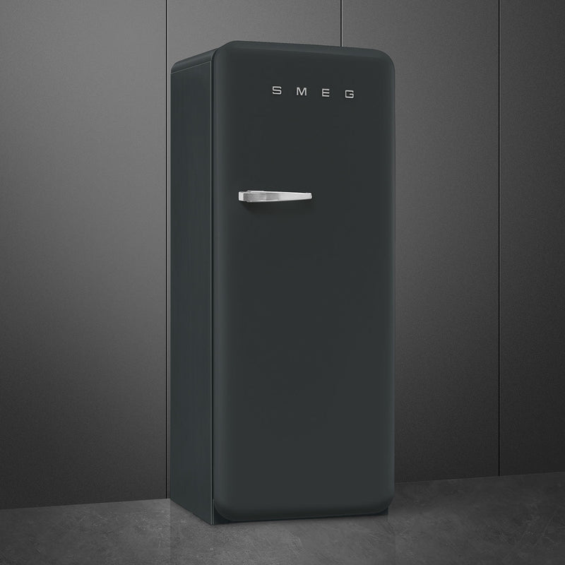 50's STYLE Black refrigerator with rounded curves and chrome details