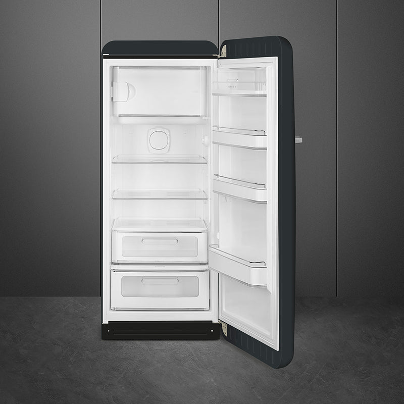 50's STYLE Black refrigerator with rounded curves and chrome details