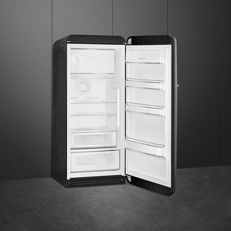 50's STYLE Black refrigerator with rounded curves and chrome details