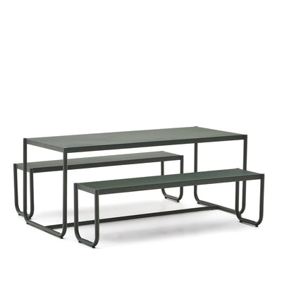 SOTIL Set of 2 Benches and Galvanized Steel Table with Green Finish