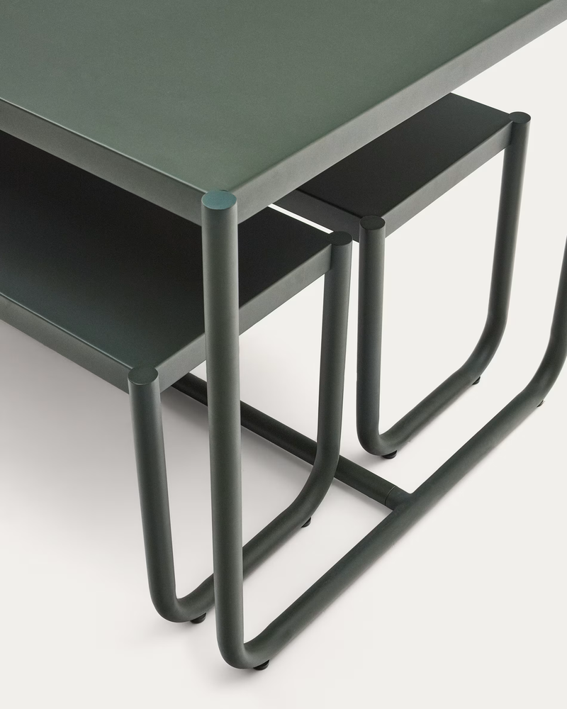 SOTIL Set of 2 Benches and Galvanized Steel Table with Green Finish