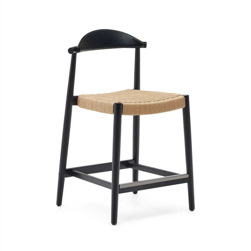 NINA stool made of solid acacia wood with black finish and beige rope