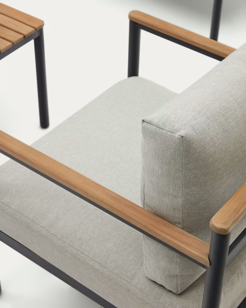 AIGUAFREDA Set - Dvosjed, 2 fotelje i stolić od sivog aluminija i bagrema