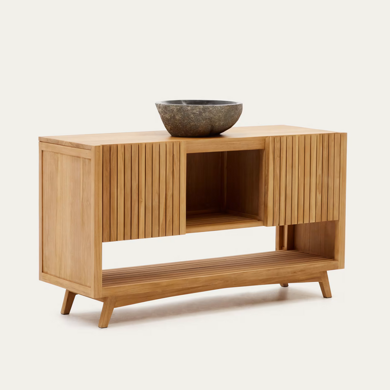 KUVENI Bathroom furniture in solid teak wood with a natural finish, 140 x 50 cm