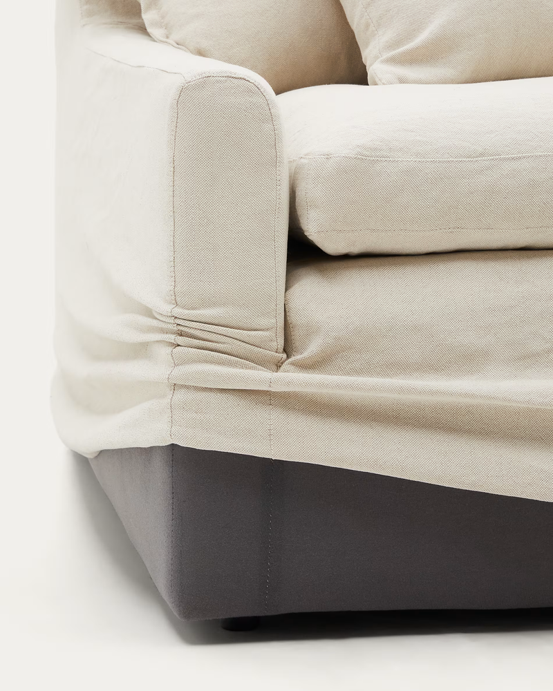 ZENIRA Sofa with removable cover and beige cotton and linen cushions, 230 cm