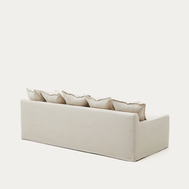 ZENIRA Sofa with removable cover and beige cotton and linen cushions, 230 cm