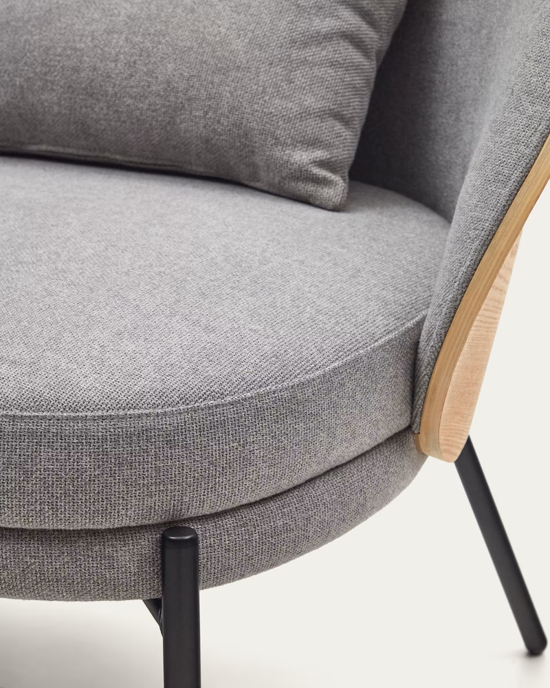 EAMY Light grey armchair in an ash wood veneer with a natural finish and black metal