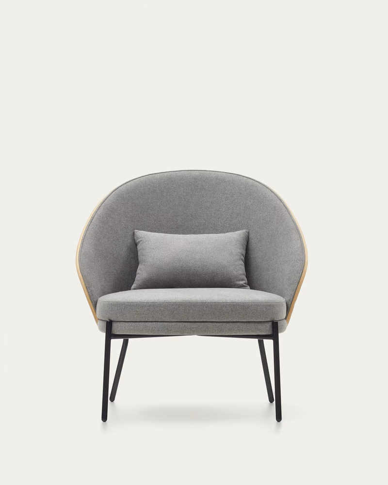 EAMY Light grey armchair in an ash wood veneer with a natural finish and black metal