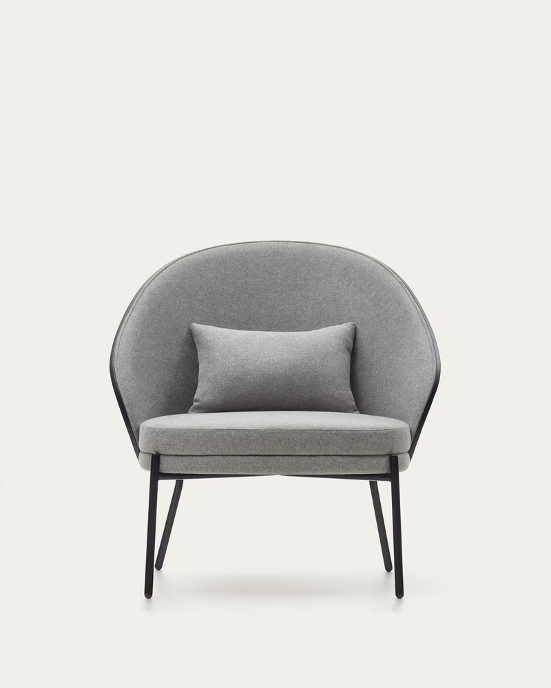 EAMY Light grey armchair in an ash wood veneer with a black finish and black metal