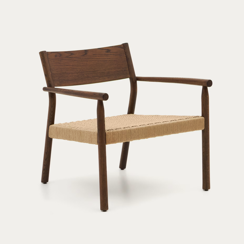 YALIA armchair in solid oak with a walnut finish and paper rope seat