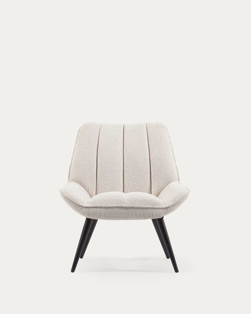 MARLINA White bouclé armchair with steel legs with black painted finish